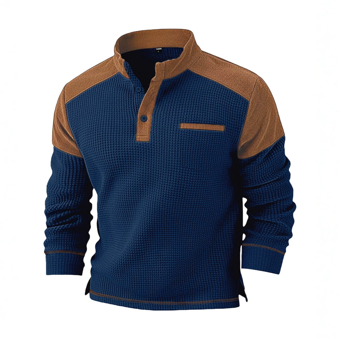 Men's waffle knit henley with stand-up collar, cord shoulder yoke and chest piping Mune Fashion