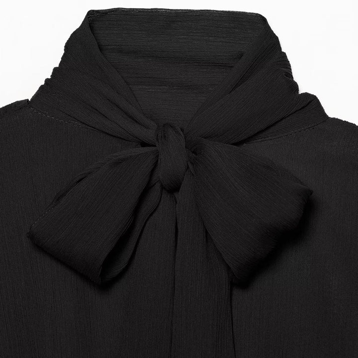 Women's chiffon blouse with tie, standing collar, and gathered balloon sleeves Mune Fashion
