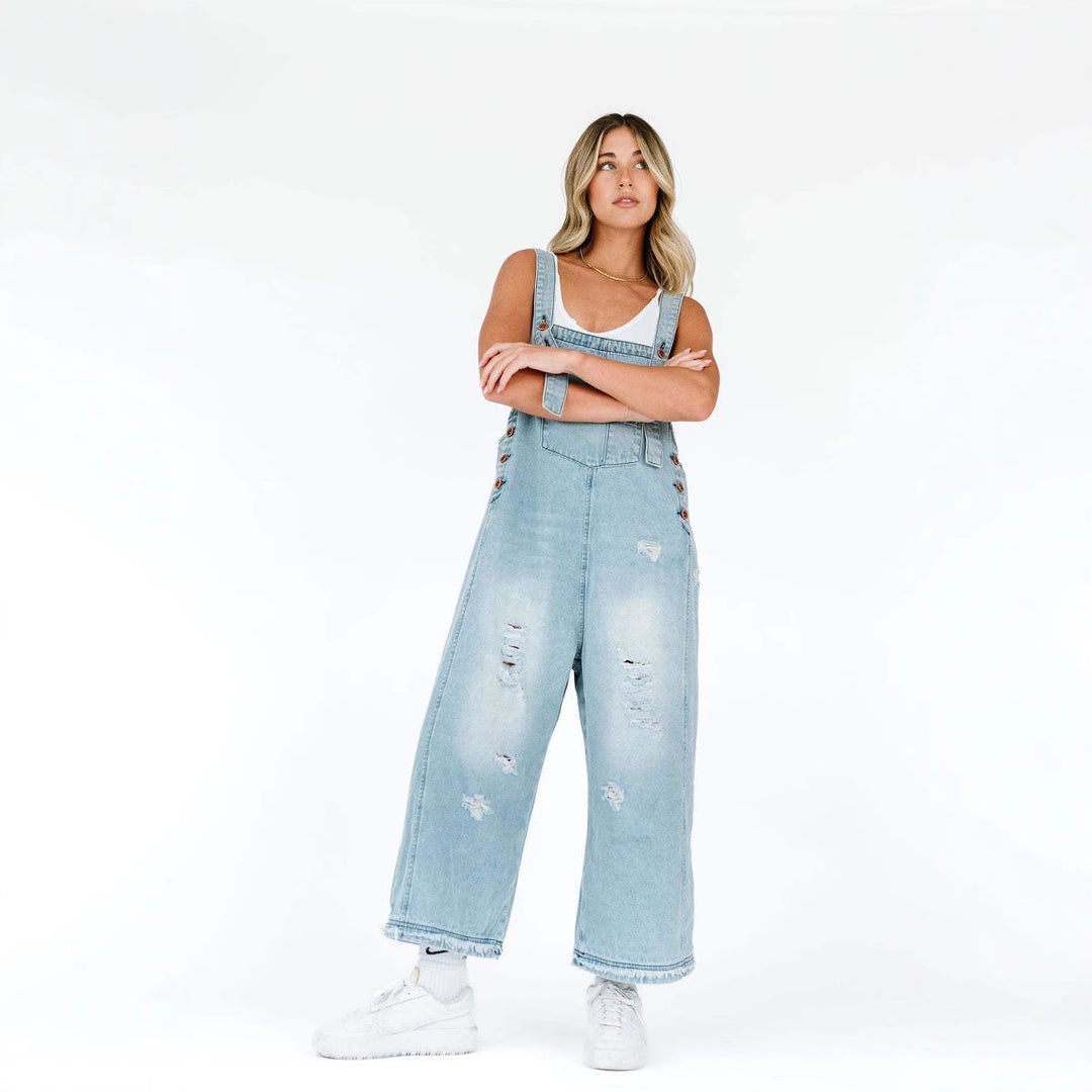 Women's casual washed denim overalls with rips and wide leg Mune Fashion
