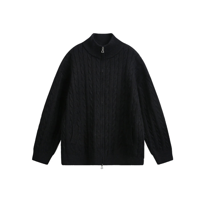 Unisex chunky knit pullover with cable pattern, high stand-up collar and two-way zipper Mune Fashion