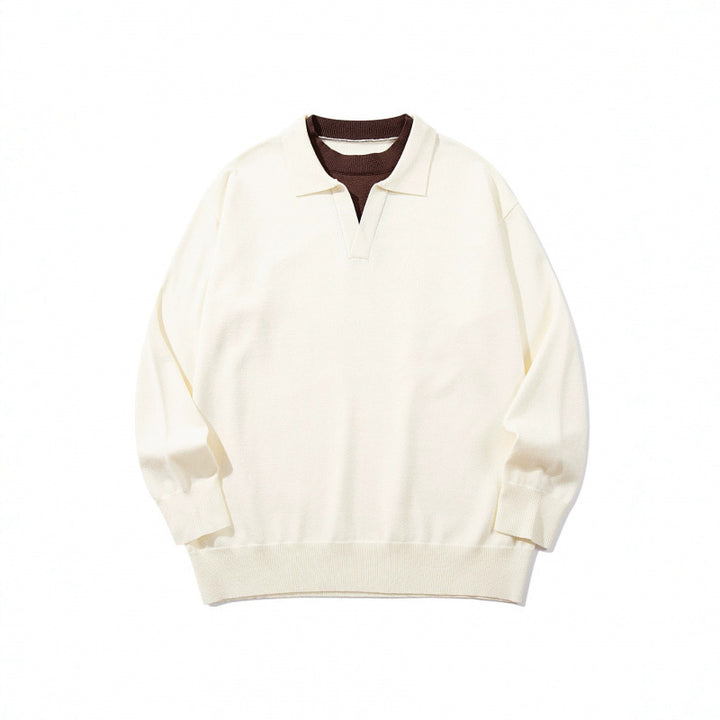 Unisex Oversize fine knit pullover with open Henley neckline and contrasting inner collar Mune Fashion
