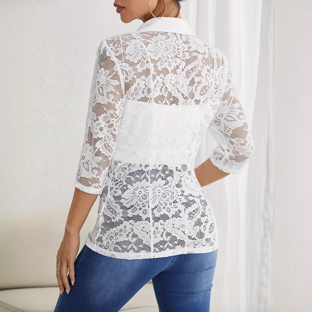 Women's tailored long blazer with lace inserts and lapel collar Mune Fashion