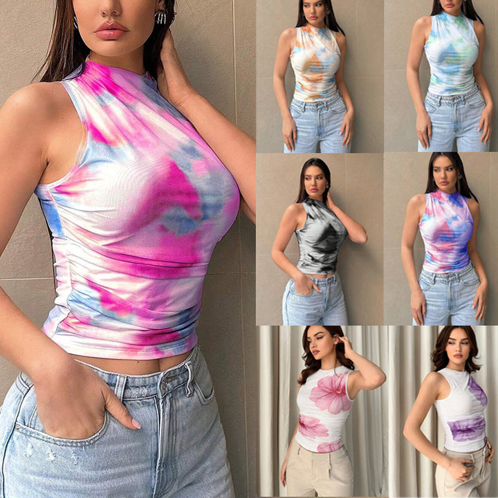 Women Tailored Sleeveless Top with Stand Collar and Tie-Dye Print Mune Fashion