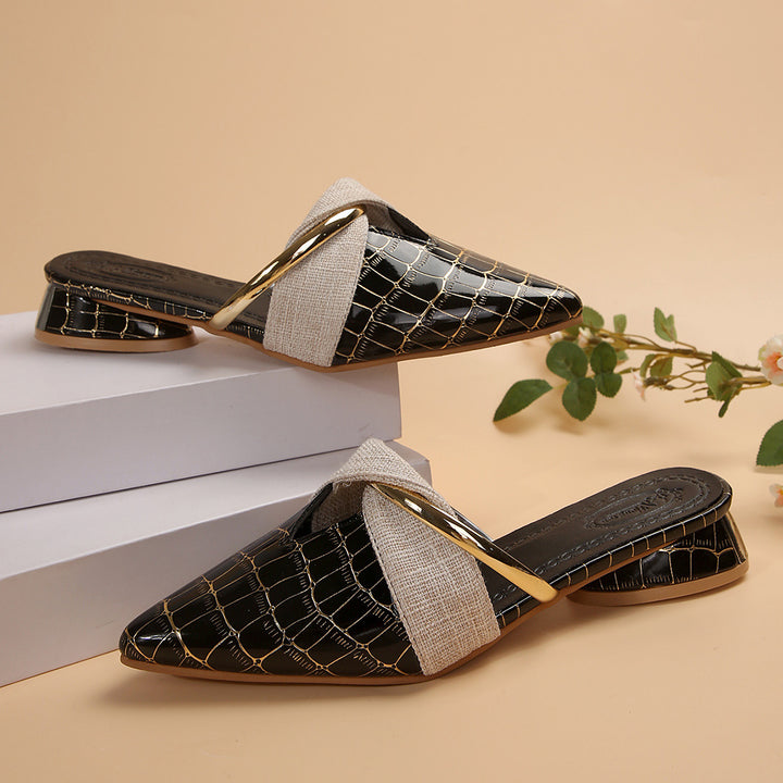 Women’s pointed loafer sandals with crocodile embossing, crossed linen strap and gold decorative strip Mune Fashion