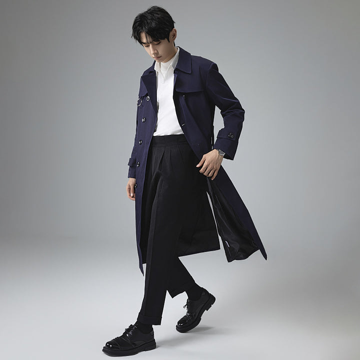 Men's Modern Tech Trench Coat with Double-Breasted Button Placket, Tie Belt and Subtle Ring Details Mune Fashion