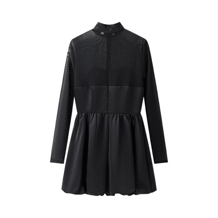 Women's short mesh overlay skater dress with high collar and fitted corset Mune Fashion