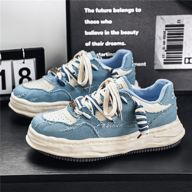 Women's denim platform sneaker with contrast stitching, padded wave sole and embellished lacing details Mune Fashion
