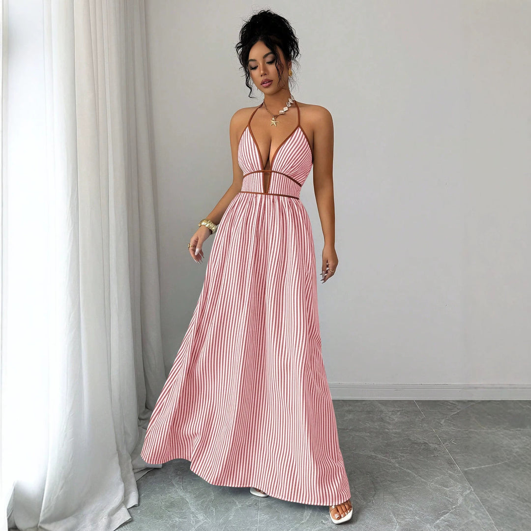 Women's Striped Halter Maxi Dress with Deep V-Neck and Waist Cut-Out Mune Fashion