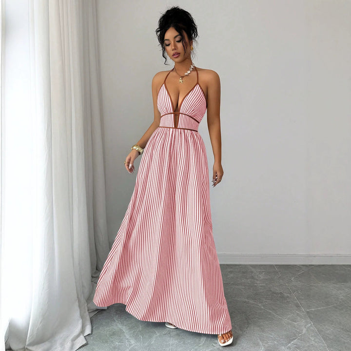 Women's Striped Halter Maxi Dress with Deep V-Neck and Waist Cut-Out Mune Fashion