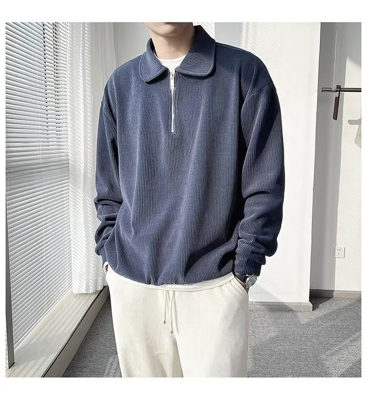 Men's Ribbed Pullover with Half-Zip and Polo Collar Mune Fashion