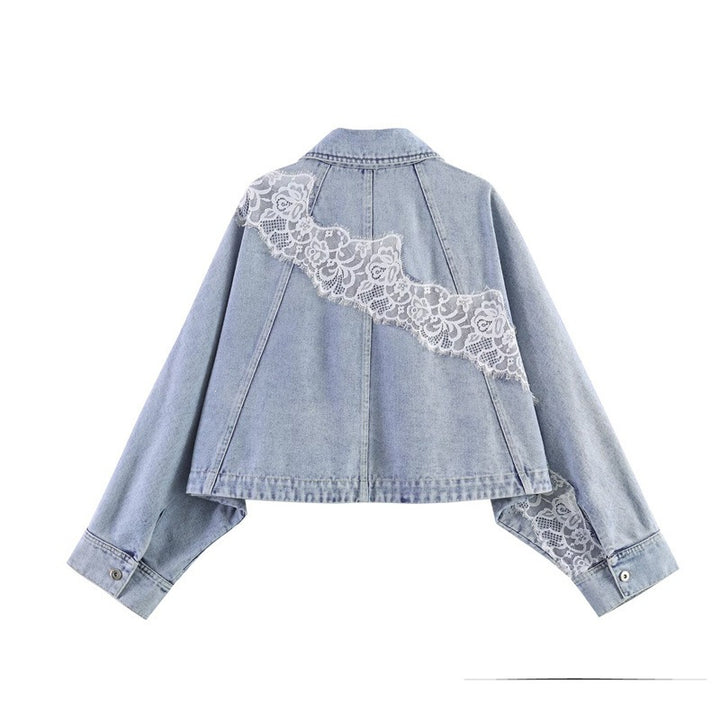 Women cropped denim jacket with lace trim and dropped shoulder Mune Fashion
