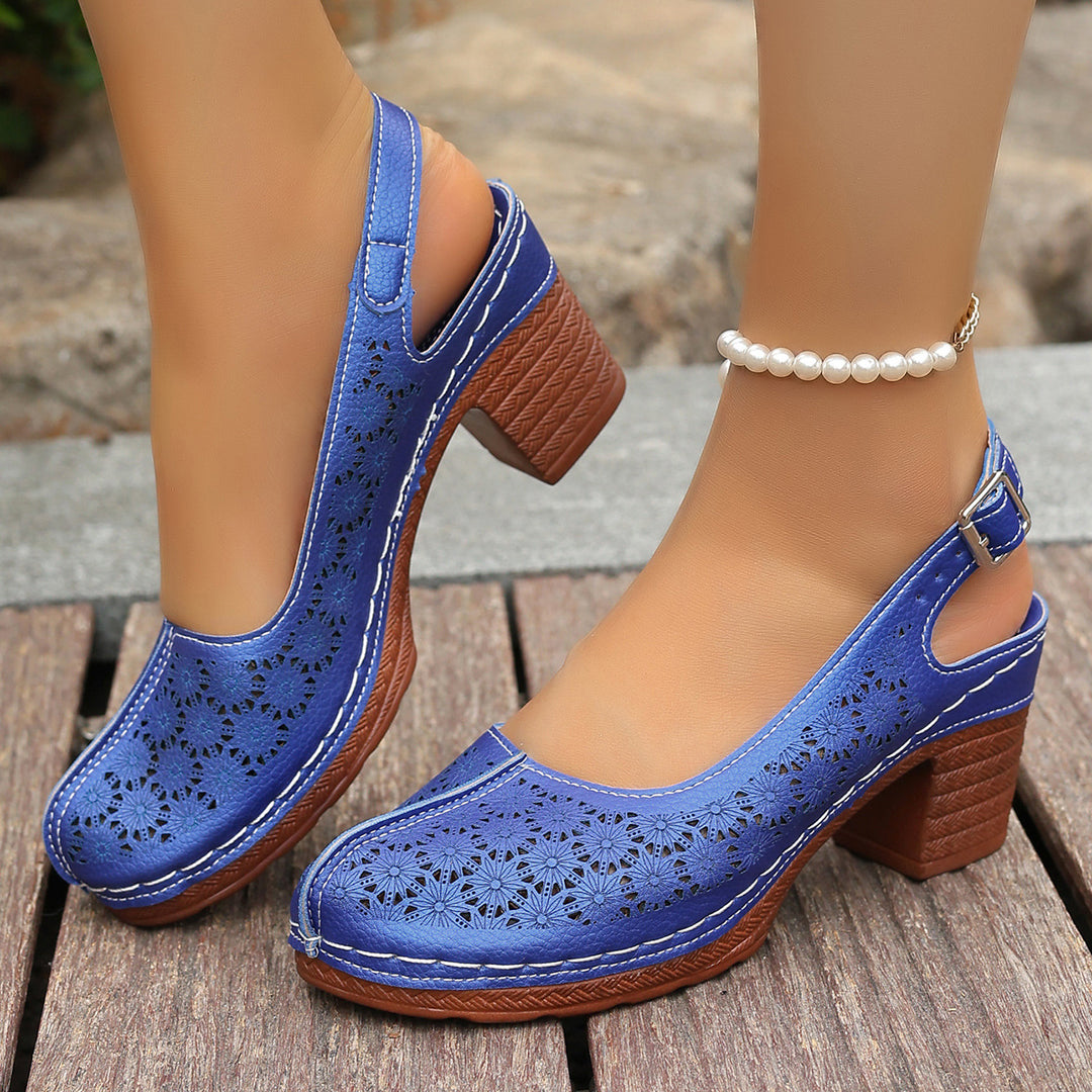 Women's elegant slingback pumps with floral laser cut, padded comfort insole and stable block heel Mune Fashion