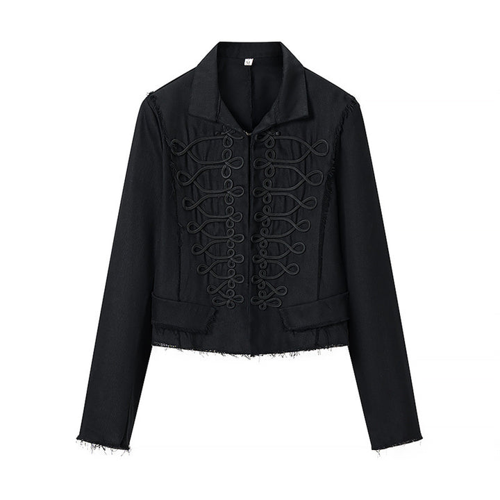 Women Cropped Military Inspired Jacket with Braid Application and Fringed Hem Mune Fashion