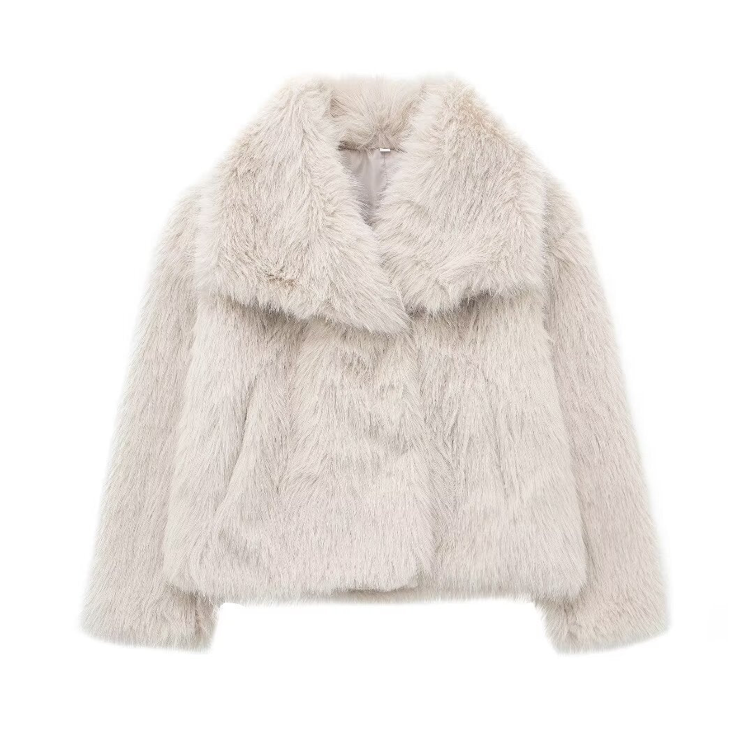 Women Short Faux Fur Jacket with Voluminous Shawl Collar Mune Fashion