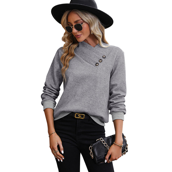 Ladies Asymmetrical Overlap Collar Fine Knit Sweater with Decorative Button Placket Mune Fashion