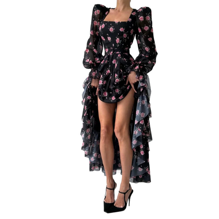 Women's maxi dress with layered ruffle high-low hem, square neckline, and sheer puff sleeves