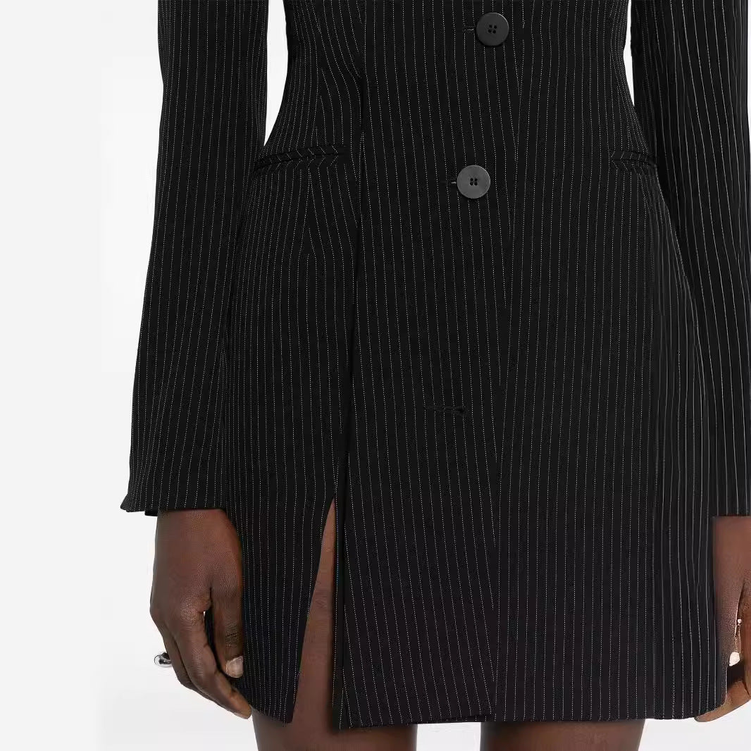Women Tailored Pinstripe Blazer Dress with Single-Breasted, Slit and Slim Silhouette Mune Fashion