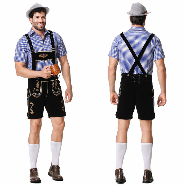 Men's traditional short leather trousers with elaborate embroidery and adjustable straps Mune Fashion