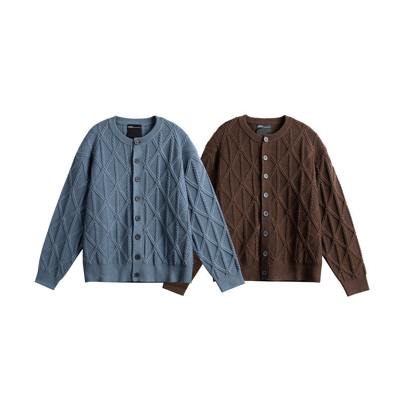 Ladies' knitted cardigan in boxy cut with textured diamond pattern, round neck and continuous button placket Mune Fashion