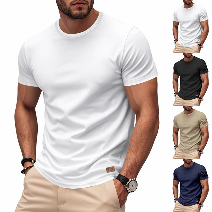 Men's slim round neck T-shirt made of smooth stretch jersey with subtle leather logo application Mune Fashion