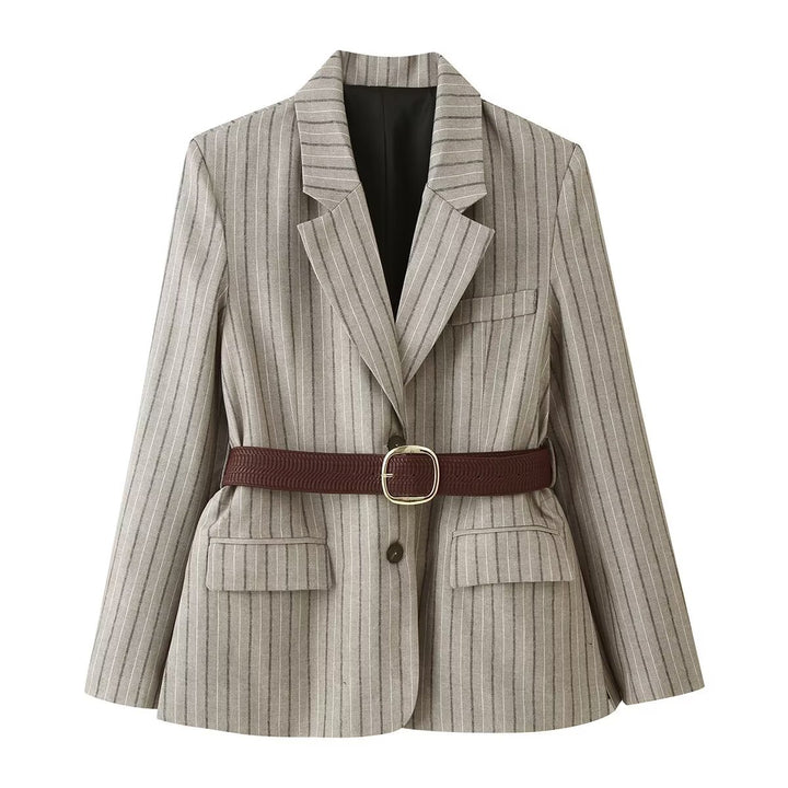 Women's Tailored Linen Blend Blazer with Pinstripes, Patch Pockets and Waist Belt Detail Mune Fashion