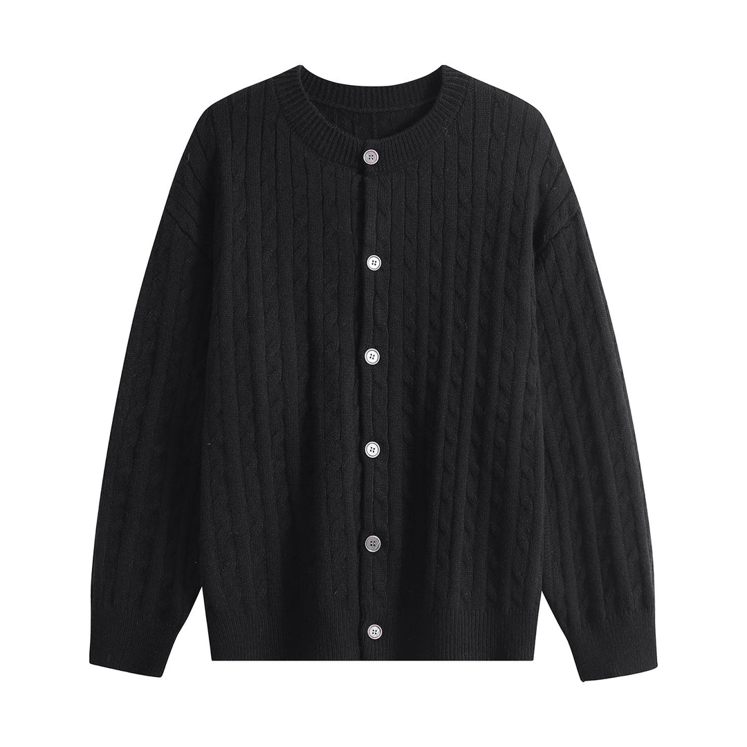 Women's chunky knit cardigan with cable pattern, round neck and continuous button placket Mune Fashion