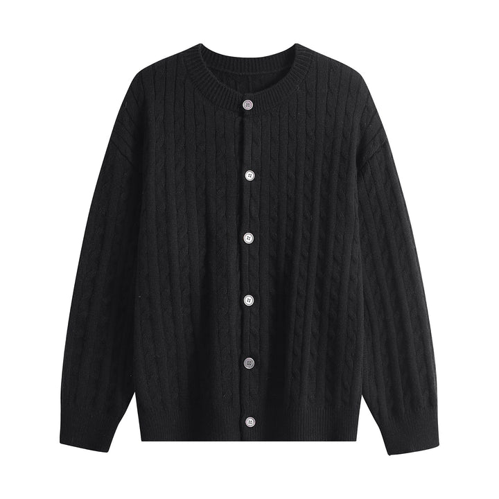 Women's chunky knit cardigan with cable pattern, round neck and continuous button placket Mune Fashion