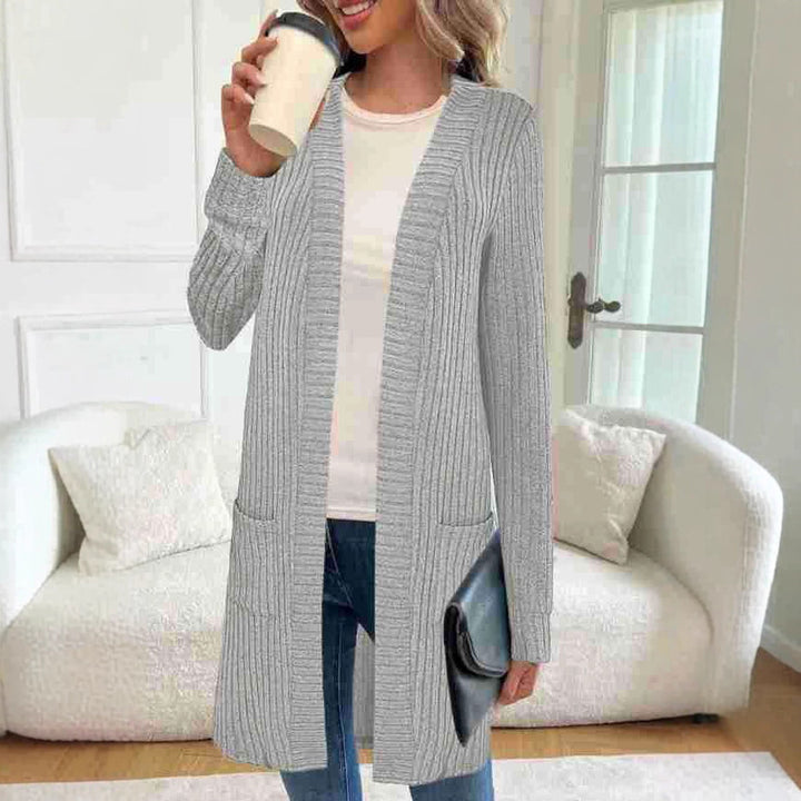 Women Long Fine Knit Cardigan with Ribbed Structure, Open Edges and In-Seam Pockets Drune