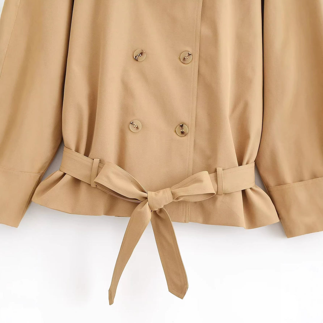 Women Short Trench Coat with Double-breasted Button Placket, Cape Yoke and Waist Belt Mune Fashion