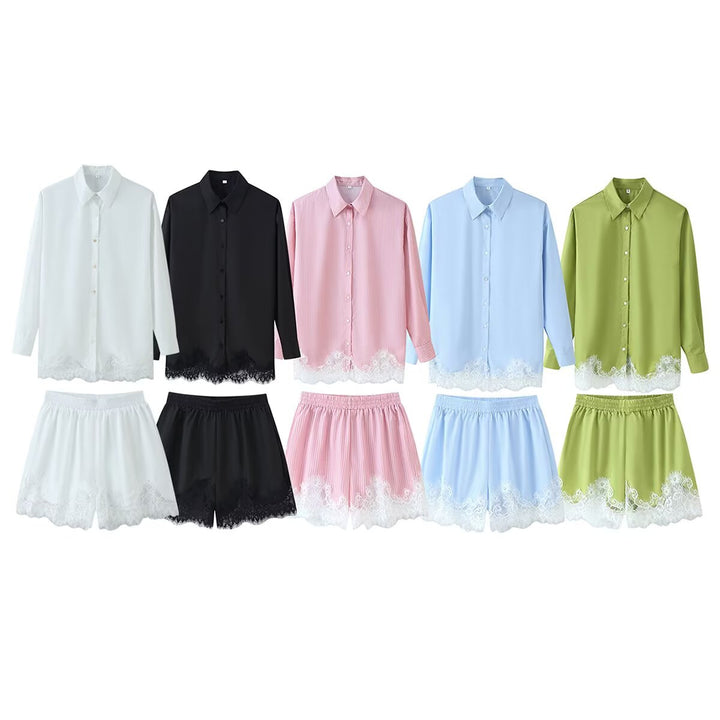 Women's two-piece satin pajama set with shirt blouse, elastic waistband shorts, and lace trim Mune Fashion