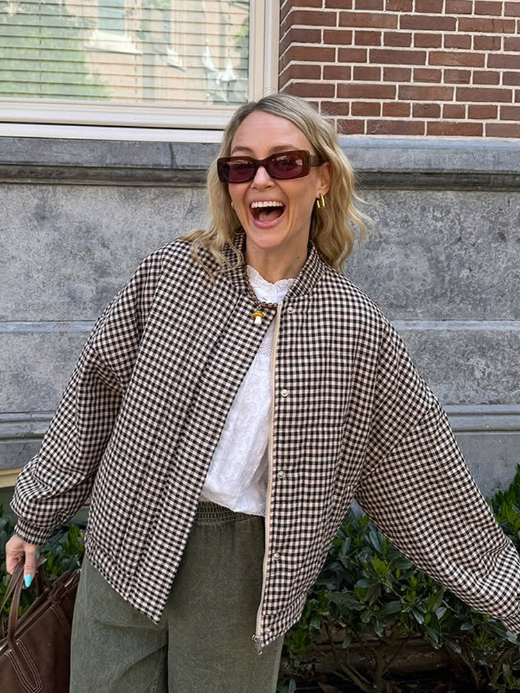 Women's Oversize Checked Bomber Jacket with Standing Collar and Concealed Snap Placket Mune Fashion