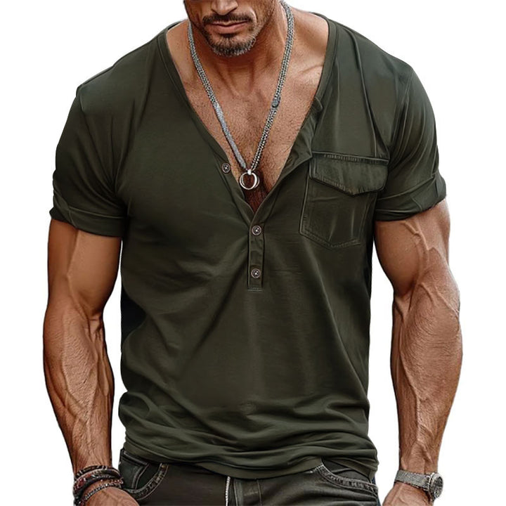 Men's nano athletic short sleeve shirt with deep V-neck, button placket and chest pocket Mune Fashion