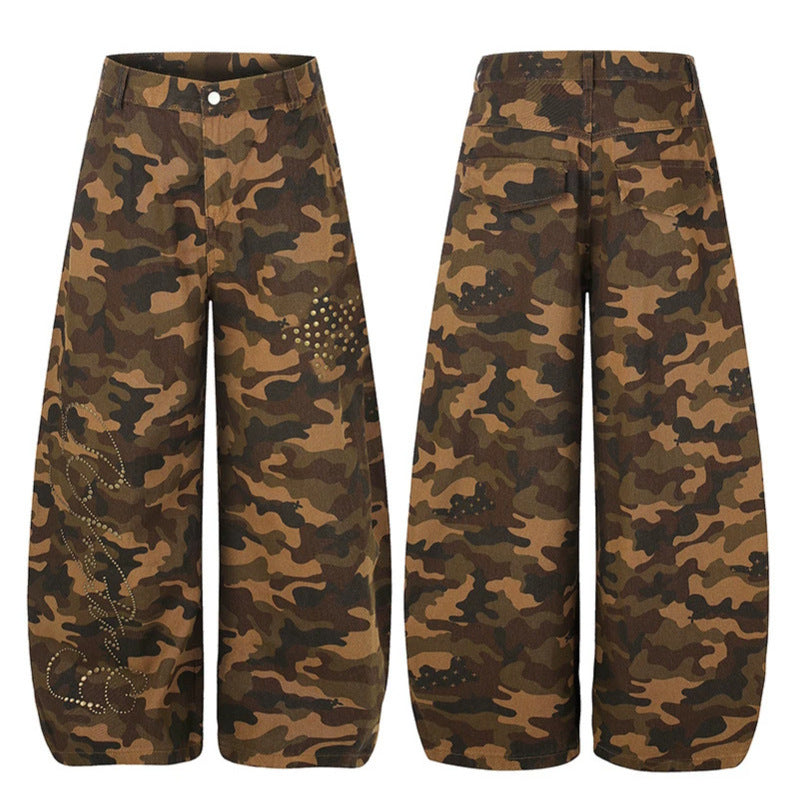 Women's Wide Camouflage Palazzo Pants with Balloon Hem and Studded Details Mune Fashion