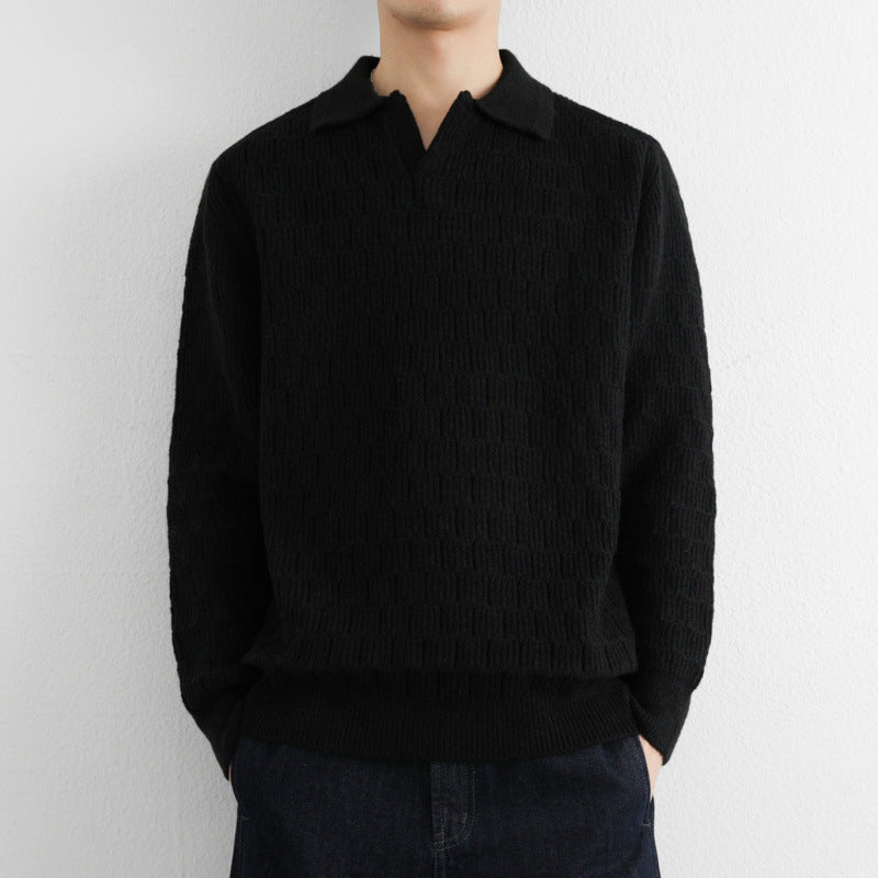 Men's fine knit polo sweater with textured knitting and open V-neck Mune Fashion