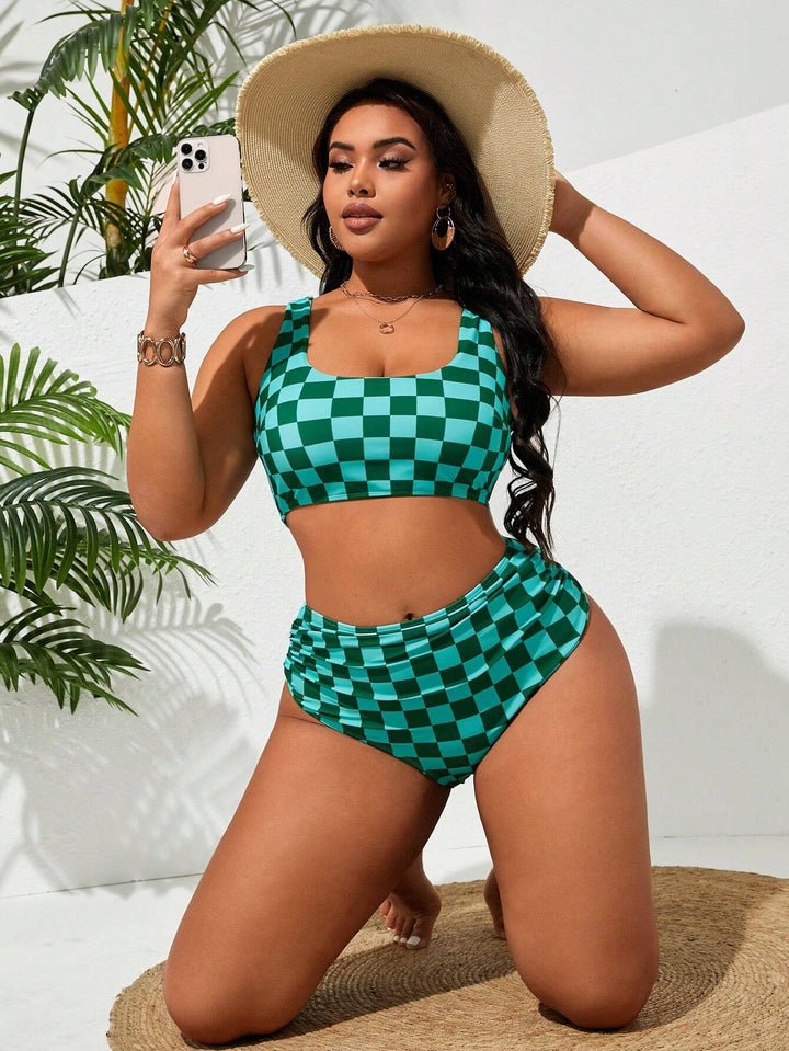 Women's High-Waisted Bikini Set with Checkered Design Mune Fashion