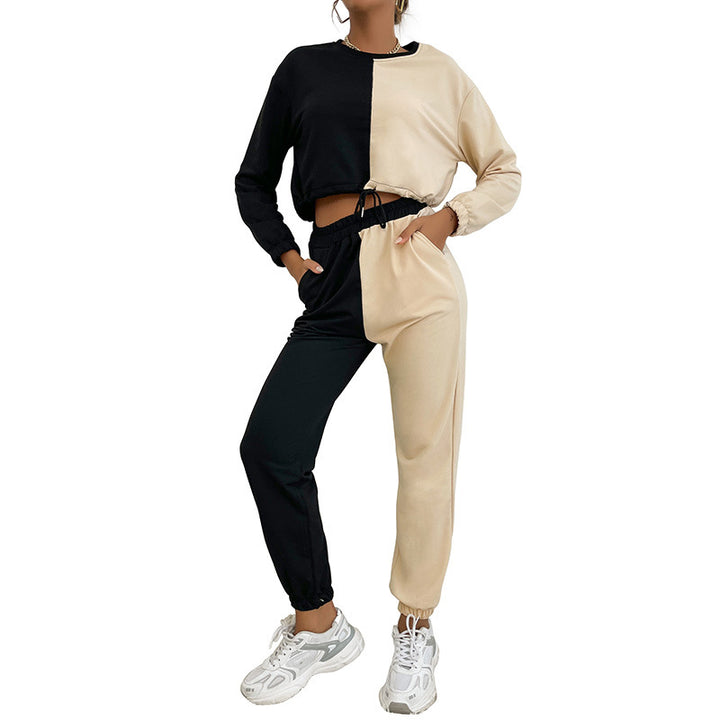Women's Two-Piece Cropped Lounge Set with Color Block Look, Drawstring and Jogger Mune Fashion
