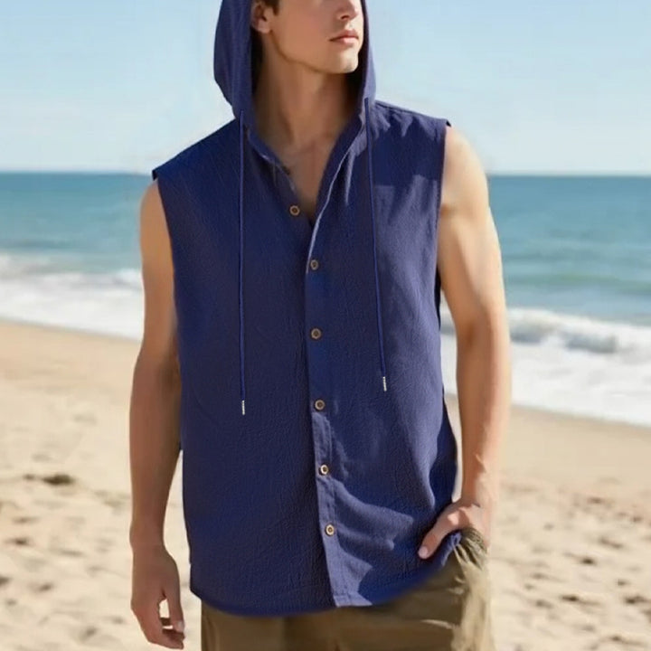 Men's sleeveless hooded shirt in linen look with wooden button placket Mune Fashion