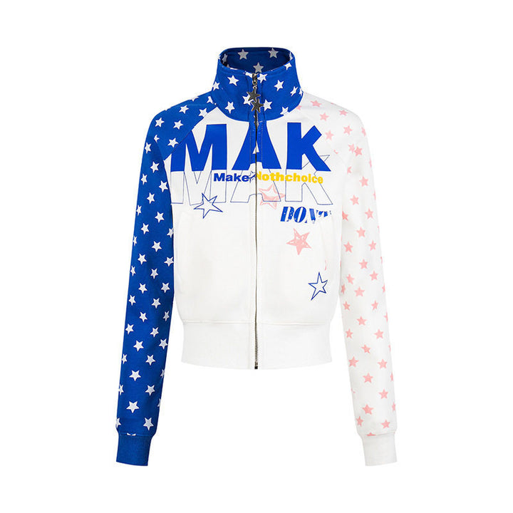 Women's cropped zip-up sweatshirt with stand-up collar, star print, and raglan sleeves Mune Fashion