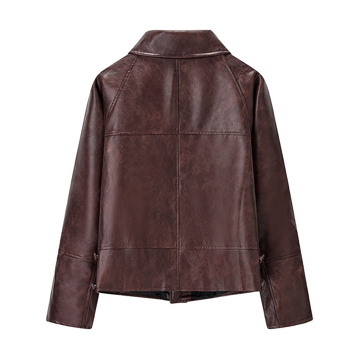 Women Short Cut Oversized Leather Jacket with Round Collar and Flap Pockets Mune Fashion