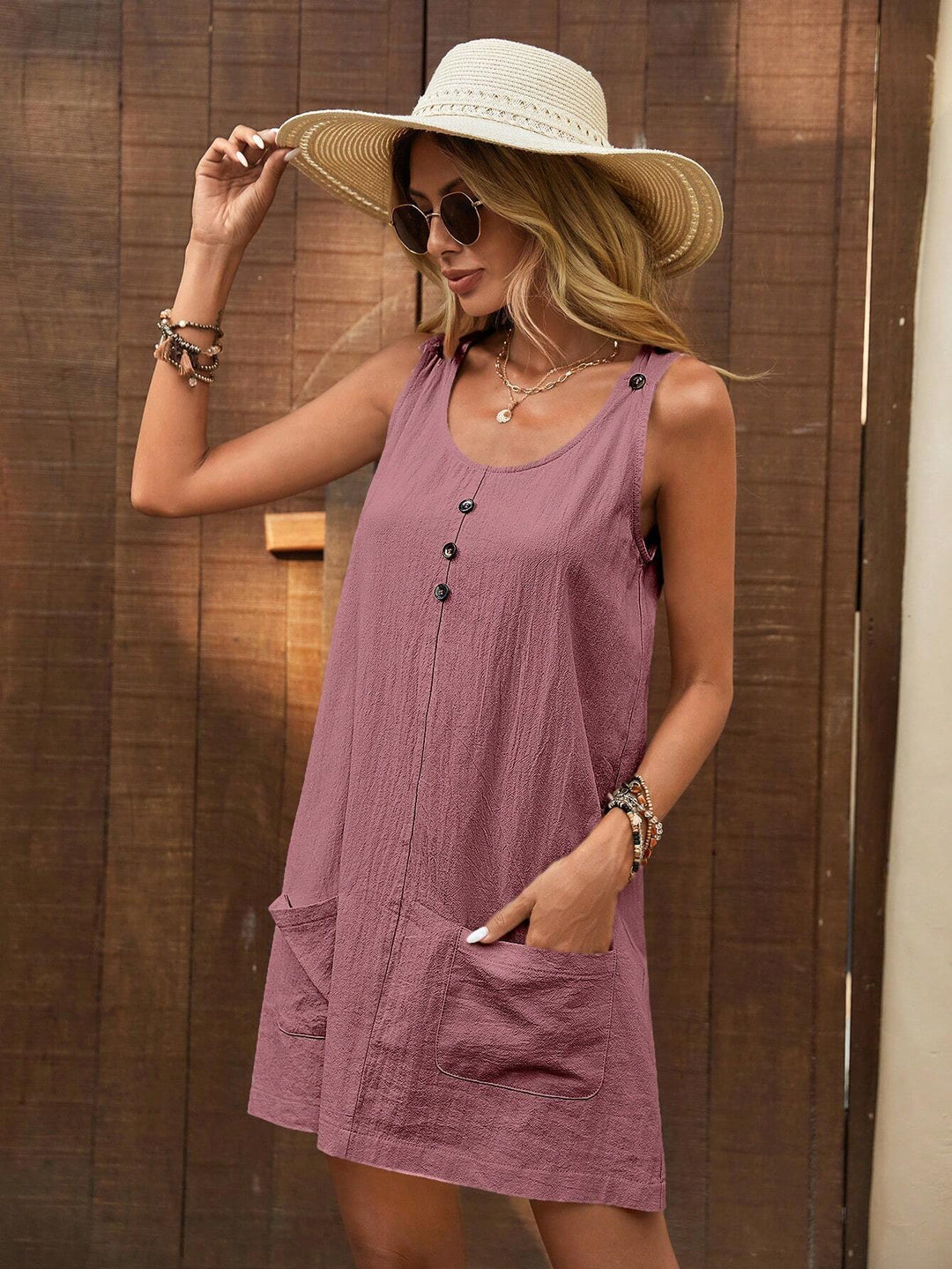 Women's Sleeveless Linen Look Shift Dress with Button Placket and Patch Pockets Mune Fashion