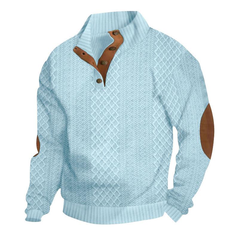 Men's cable knit turtleneck with stand-up collar, half button placket, and contrasting leather applications Mune Fashion