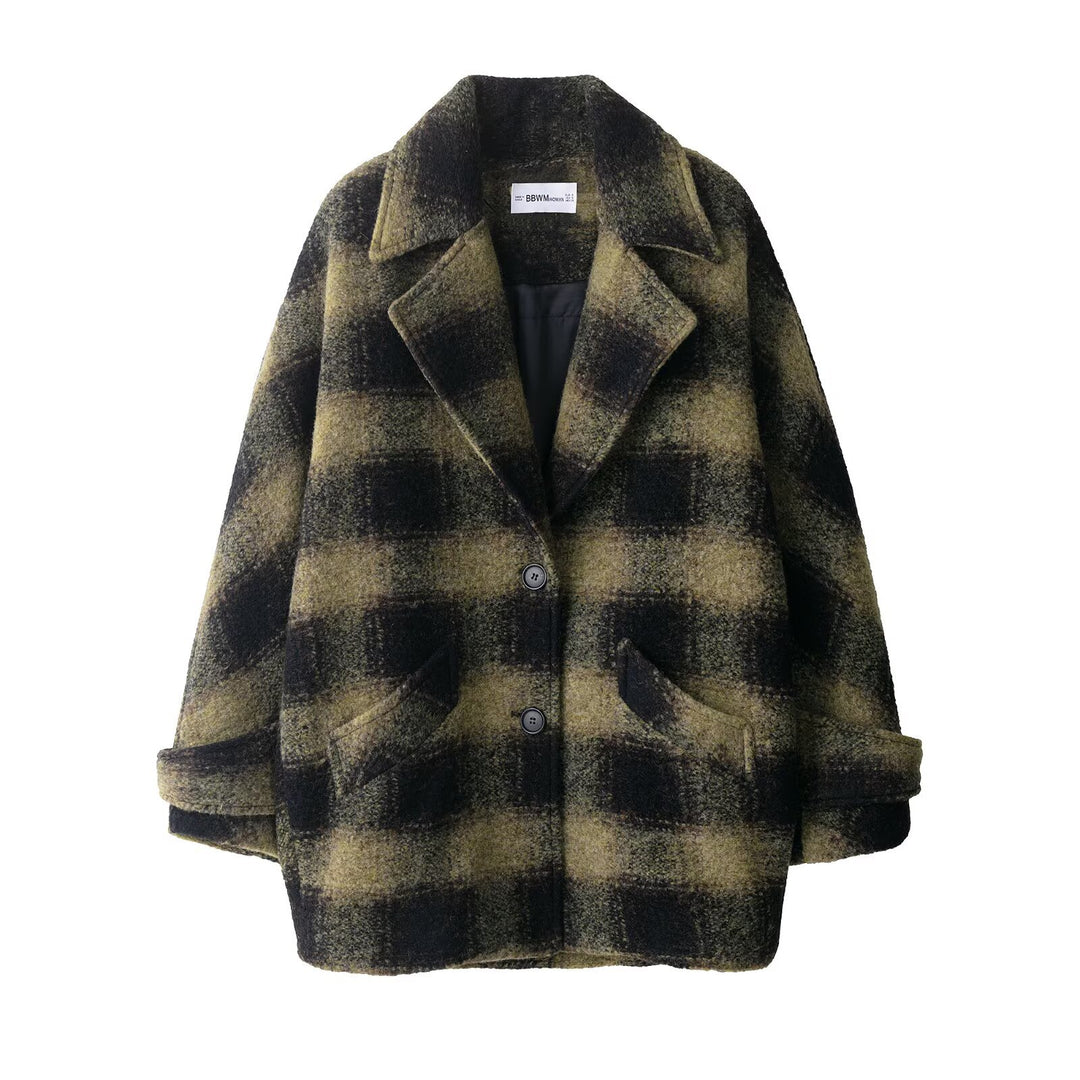Women's Oversized Wool Blend Coat with Check Pattern, Notched Collar and Patch Pockets Mune Fashion