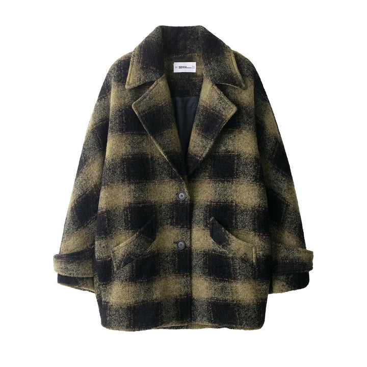 Women's Oversized Wool Blend Coat with Check Pattern, Notched Collar and Patch Pockets Mune Fashion