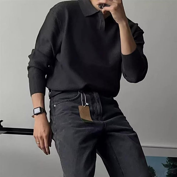 Men Elegant Long Sleeve Polo Sweater with Ribbed Structure Mune Fashion