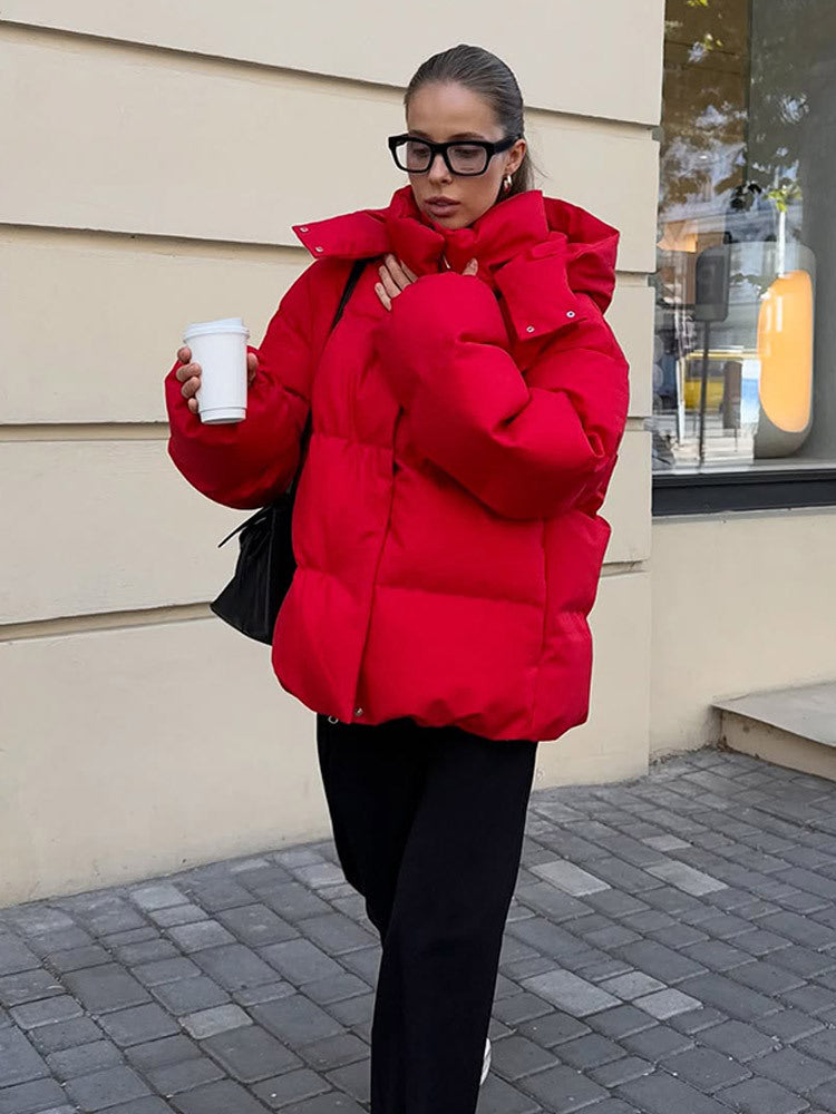 Women Short Cut Quilted Winter Jacket with High Collar Hood and Padded Thermal Lining Mune Fashion