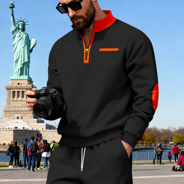 Men's Fleece Quarterzip Pullover with Chest Pocket and Elbow Patches Mune Fashion