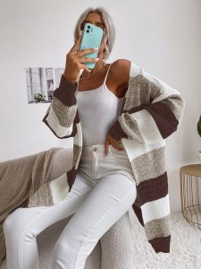 Women Casual Knit Coat with Stripes Mune Fashion
