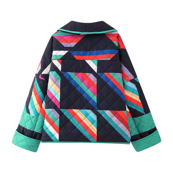 Ladies nan quilted oversized kimono jacket with graphic block print and piping Mune Fashion