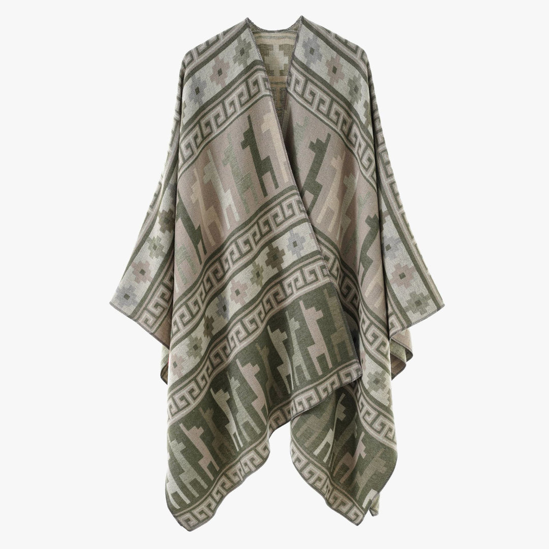 Women's jacquard knit poncho with ethnic animal motifs and open kimono cut Mune Fashion