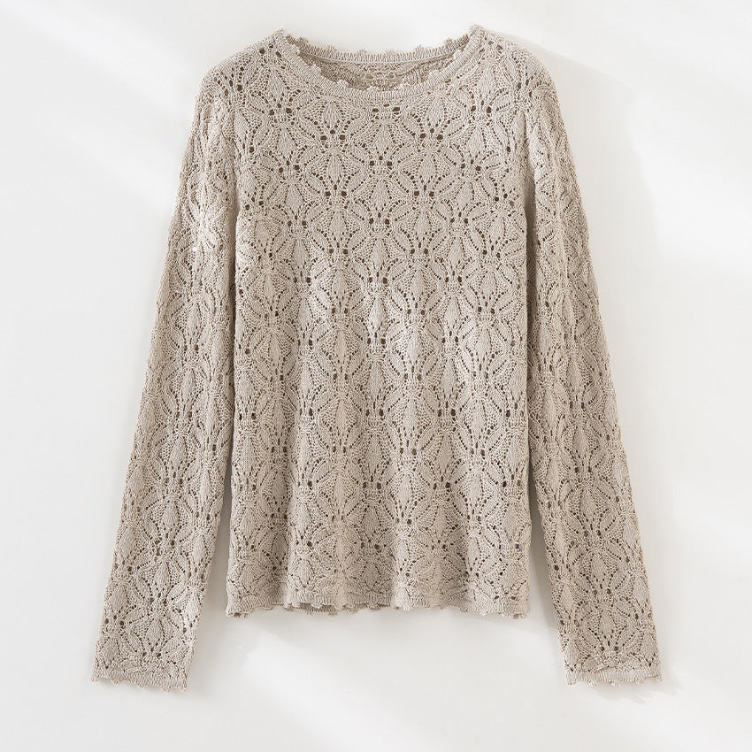 Ladies Fine Crochet Long Sleeve with Floral Openwork Structure and Casual Silhouette Mune Fashion